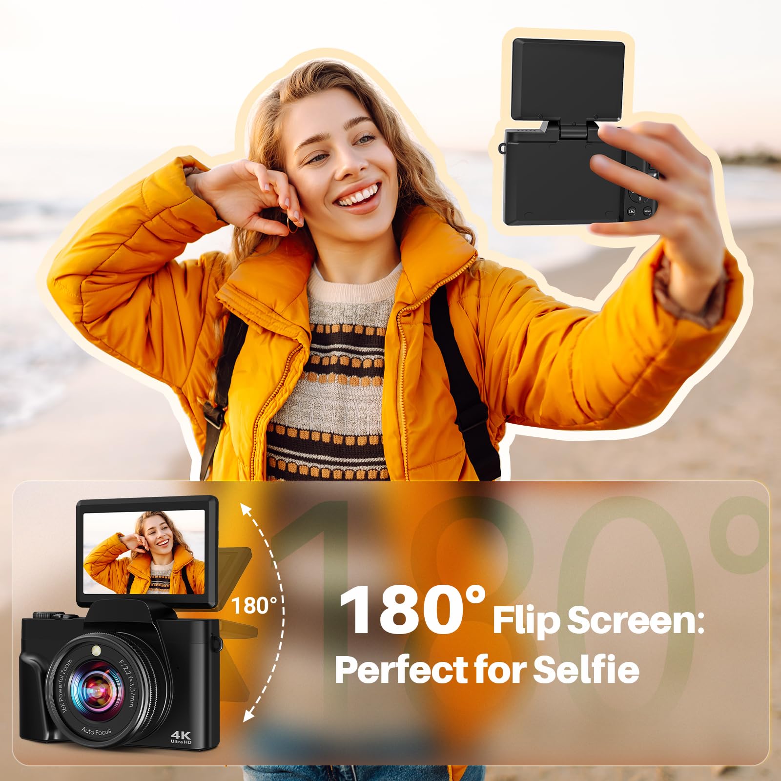 4K Digital Camera for Photography, 16X Zoom Autofocus 64MP WiFi Compact Travel Camera, Vlogging Camera for YouTube, 3'' 180° Flip Screen for Beginners&Boys&Girls, 2 Batteries, 32GB Card, Black