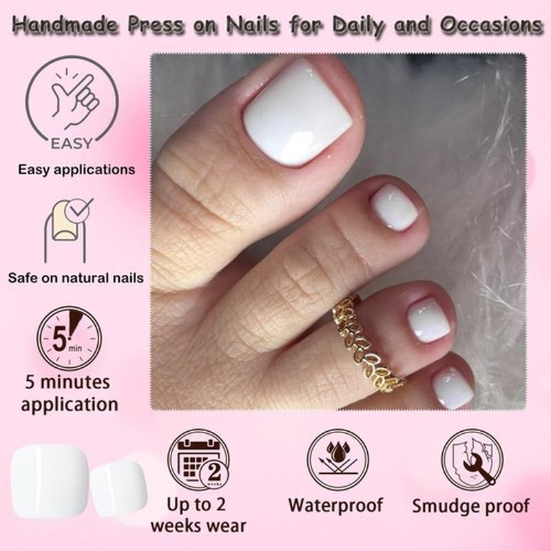 240pc Press on Toenails Women Fake Toe Nails with Tabs, White Fake Toenails Press on Nails Toe Acrylic Nail Tips Short Square False Toenails Stick Artificial Toe Nails Press ons Pedicure
