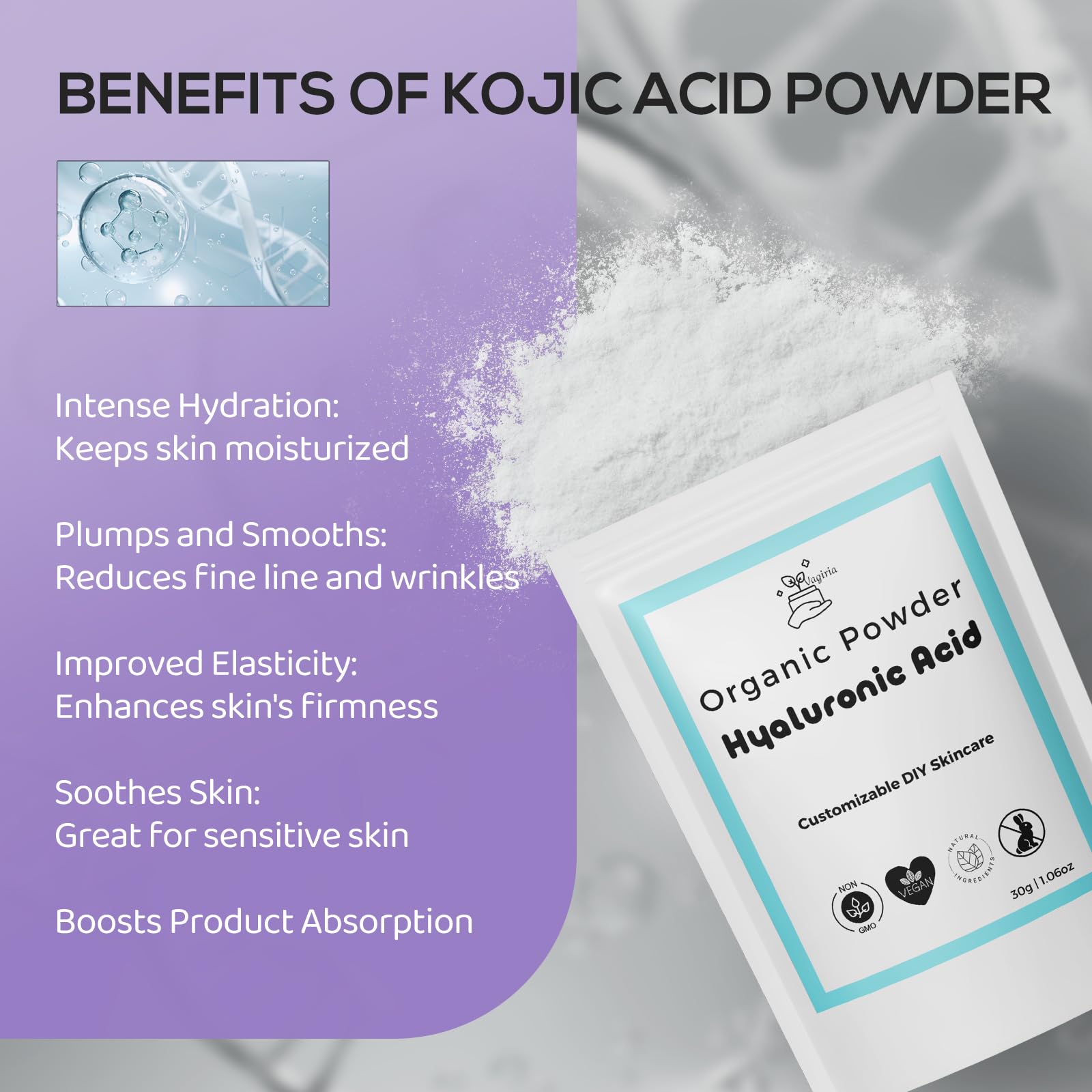 Vagiria Hyaluronic Acid Powder for DIY Skincare - 99% Purity, Ultimate Moisturizer, Smoother Skin, Wrinkle-Reducing Elixir, Perfect for Post-Peel Care