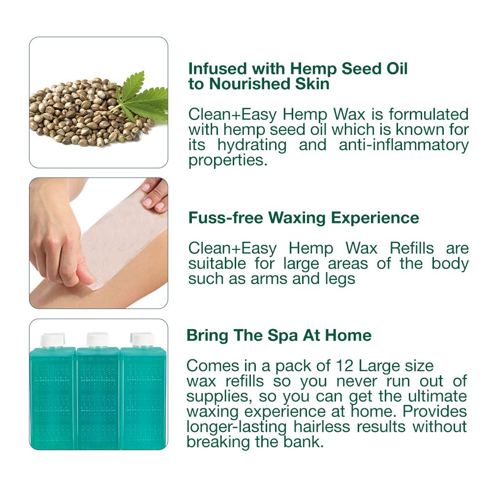 Clean + Easy Hemp Roll On Wax – Large Soft Wax Refill Cartridge for Hair Removal on for Legs, Arms & Body, 12 Pack