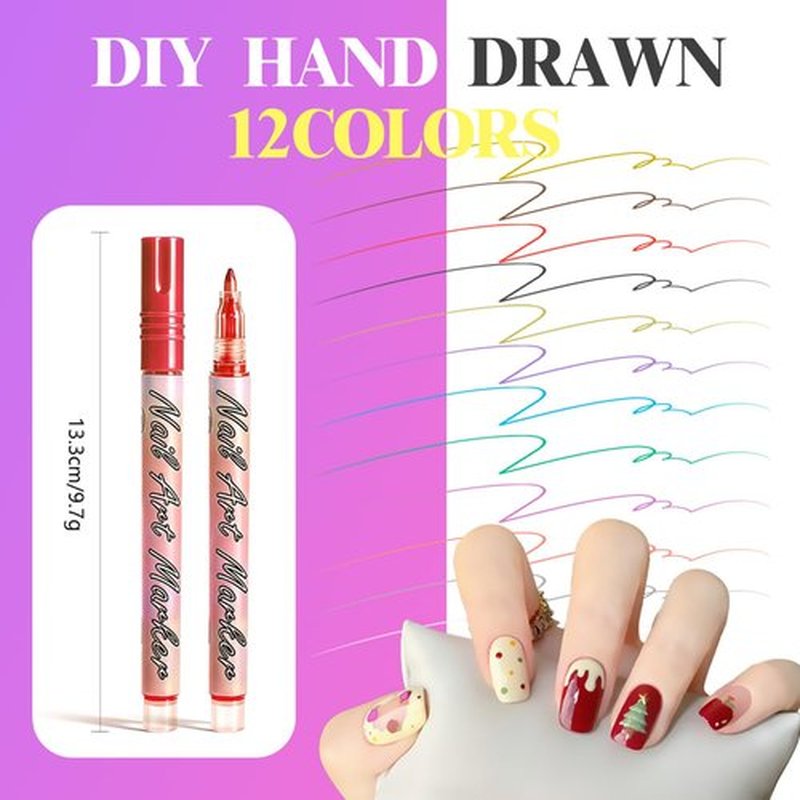12 Colors Nail Art Pens Set - 0.7MM 3D Nail Polish Pens Acrylic Paint Pens Acrylic Nail Markers for Nail Art Drawing Painting Nail Point Dotting Tool Liner Pen Manicure Tools Design Kit for Home Salon