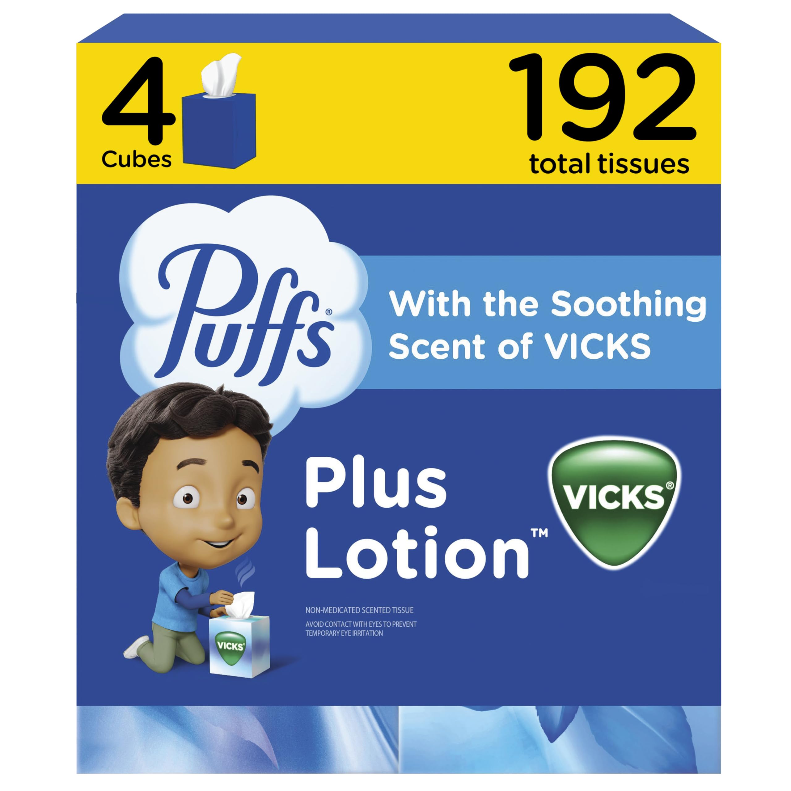 Puffs Plus Lotion with Vicks Facial Tissues, 4 Cubes, 48 Tissues per Box (192 Tissues) [Packaging May Vary]