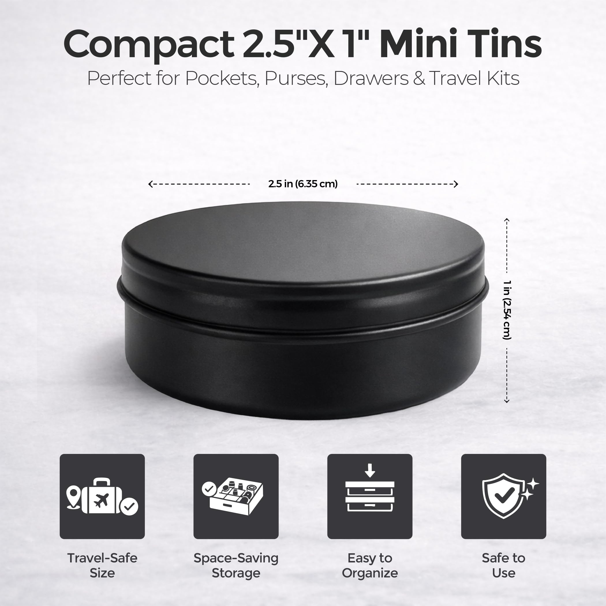 TYNZZ 3 Pcs, Metal Tin Round Container, Mini Portable Small Storage Container Kit with Twist Lid for Home Storage 2.5x1 Inch, Black