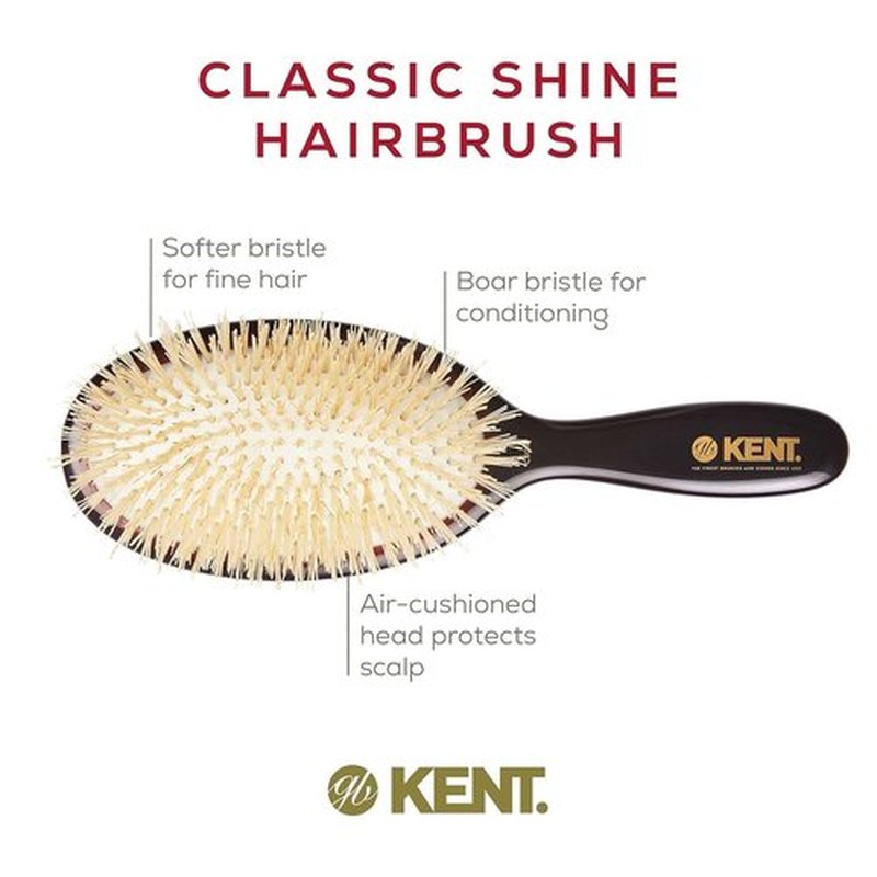 Kent CSGM Classic Shine Medium Oval Cushion Straightening Brush - Soft White Boar Bristle for Fine Hair