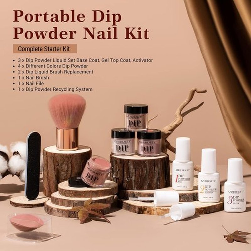 AZUREBEAUTY Dip Powder Nail Kit Starter, 4 Colors Skin Nude Brown Glitter, Dipping Powder Liquid Set with Base/Top Coat Activator for Daily French Nail Art Manicure DIY Gift 12 Pcs
