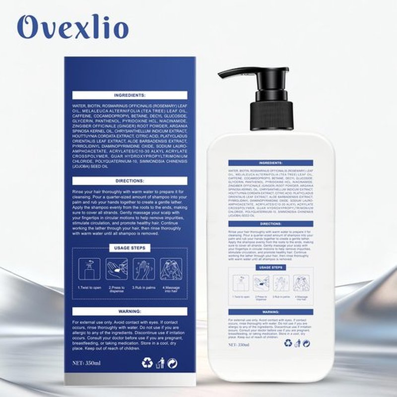 OVEXLIO Hair Growth Shampoo with Biotin and Rosemary, Routine Shampoo for Hair Loss and Thinning, Natural Thickening Formula with Argan Oil, Tea Tree Oil and Caffeine, Sulfate Free with Comb, 11.84 FL