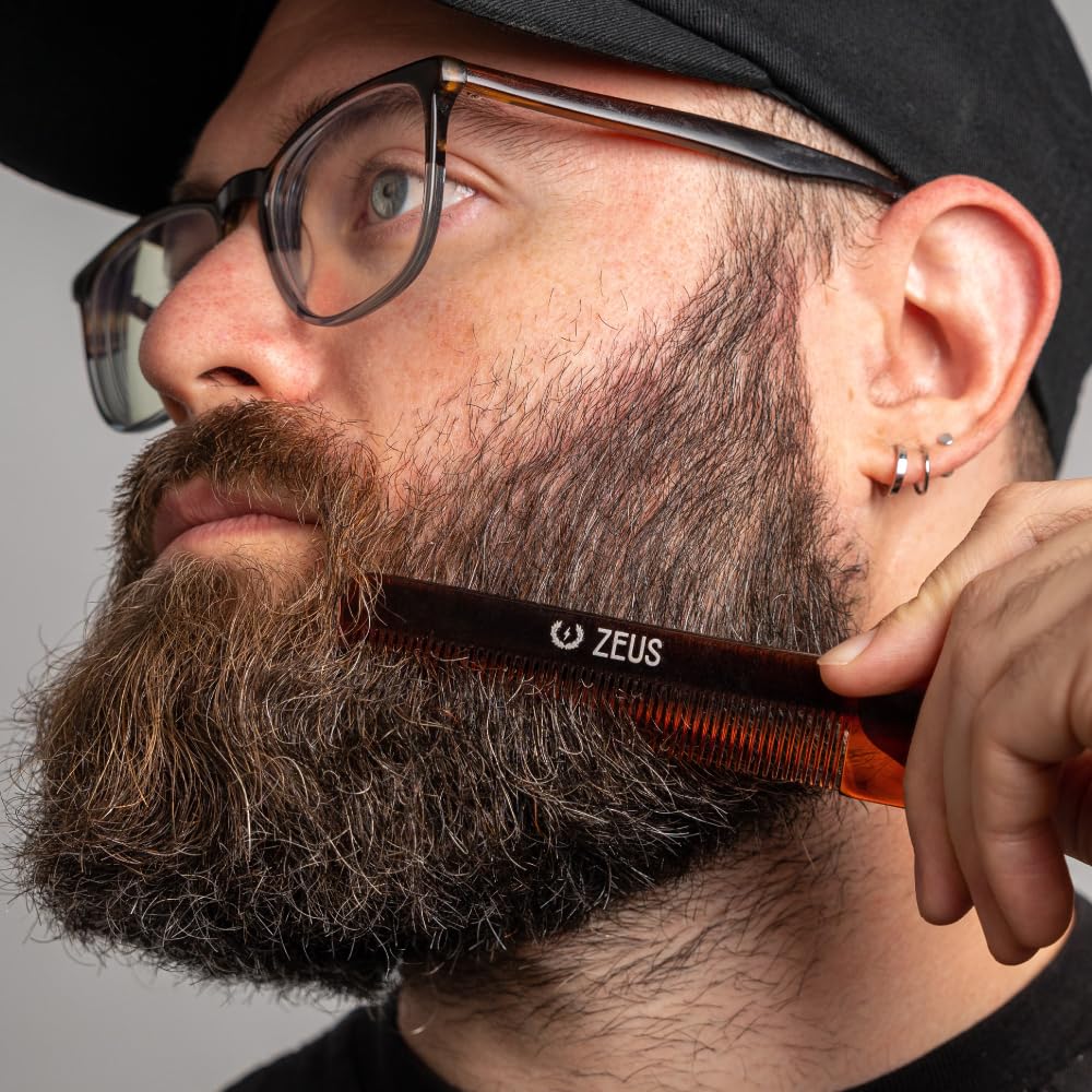 ZEUS Pocket Beard Comb with Leather Sheath, Handmade Saw‑Cut Travel Comb
