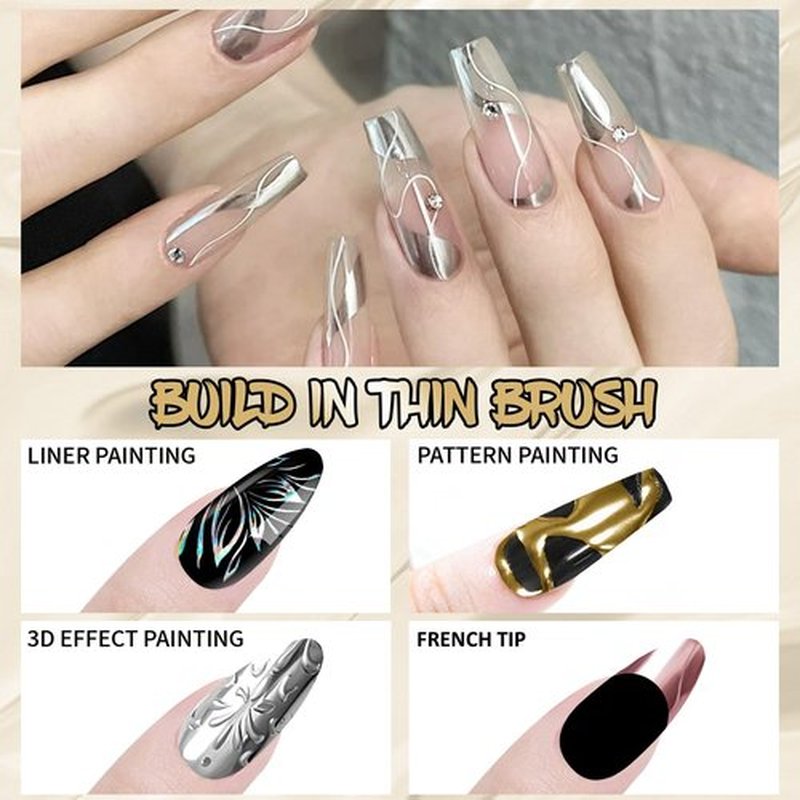 U-Shinein 4x12ml Metallic Mirror Painting Liner Gel Polish Set, Mirror Chrome Holographic Laser Effect Painted Nail Polish, Metal Drawing Striper Gel Build in Thin Brush Nail Art Manicure Set