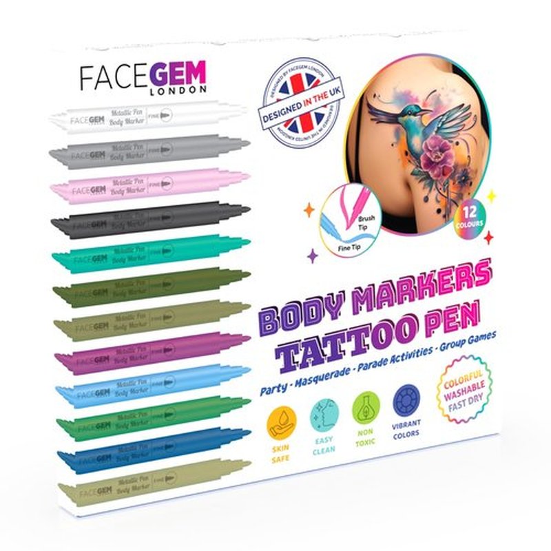 12 Metallic Temporary Tattoo Markers – Create Temporary Tattoos with Dual-Tip Body Markers, Bold & Fine Lines, Waterproof, Fast-Drying, Non-Toxic, 42 Stencils, Fake Tattoos Set, Tattoo