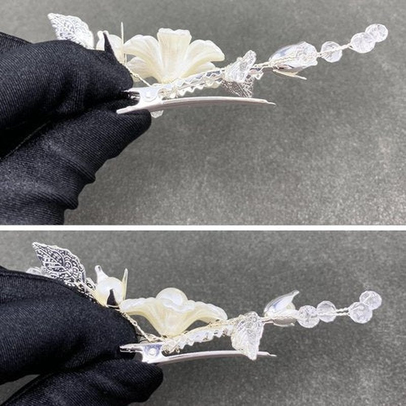 PRETTYLIFE Pearls Flower Hair Clips 2pcs Bridal Ivory Floral Silver Leaf Vine Hair Pieces Accessories for Wedding Women