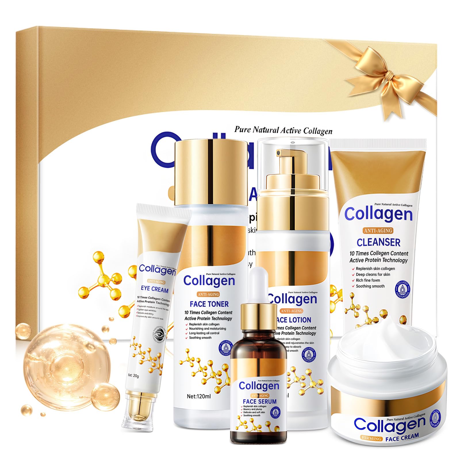 Collagen Skin Care Set, Anti Aging Skincare Gift Set for Wrinkles & Fine Lines, Shrink Pores, Hydrate & Firm Skin, 6 Pcs Skincare Kits for Women with Cleanser, Toner, Lotion, Serum, Cream, Eye Cream.