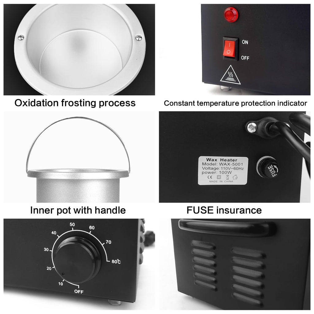 Portable Wax Warmer Machine for Painless Hair Removal, Women Men Professional Wax Heater with Adjustable Temperature Set, 20pcs Sticks, 1 Silicone Bowl (Black- Single Pot)