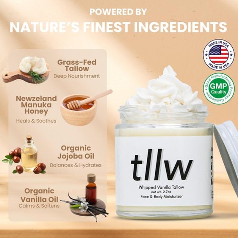 TLLW 100% Grass Fed Beef tallow for face and body, Whipped Tallow Balm Moisturizer with Organic Jojoba Oil & Manuka Honey (2.7 oz, Vanilla Scented)