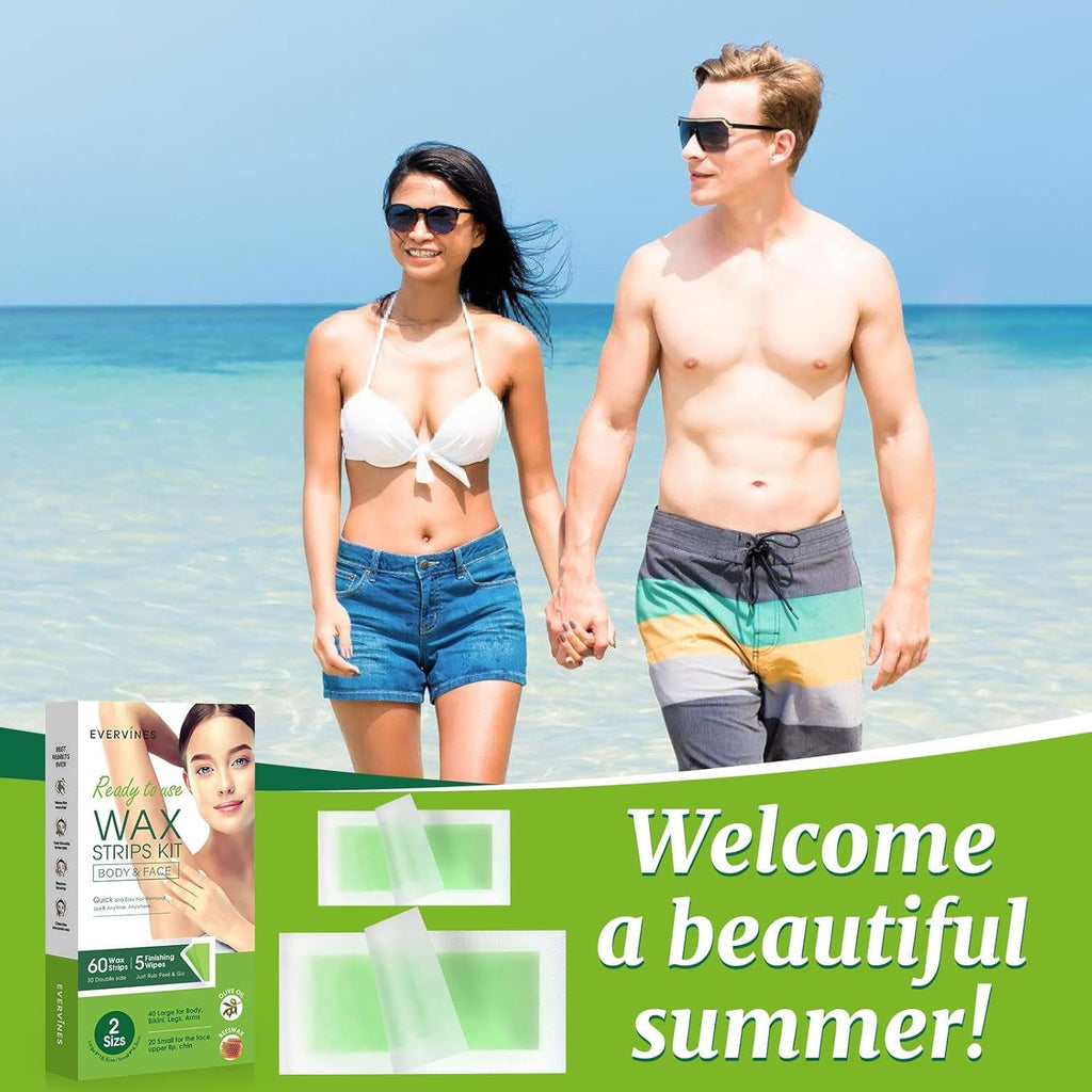 Evervines Body Wax Strips for Hair Removal: 60 Strips (40 Large, 20 Small) & 5 Oil Wipes – Gentle & Fast for Body & Face – Ideal for women& Men Home & Travel