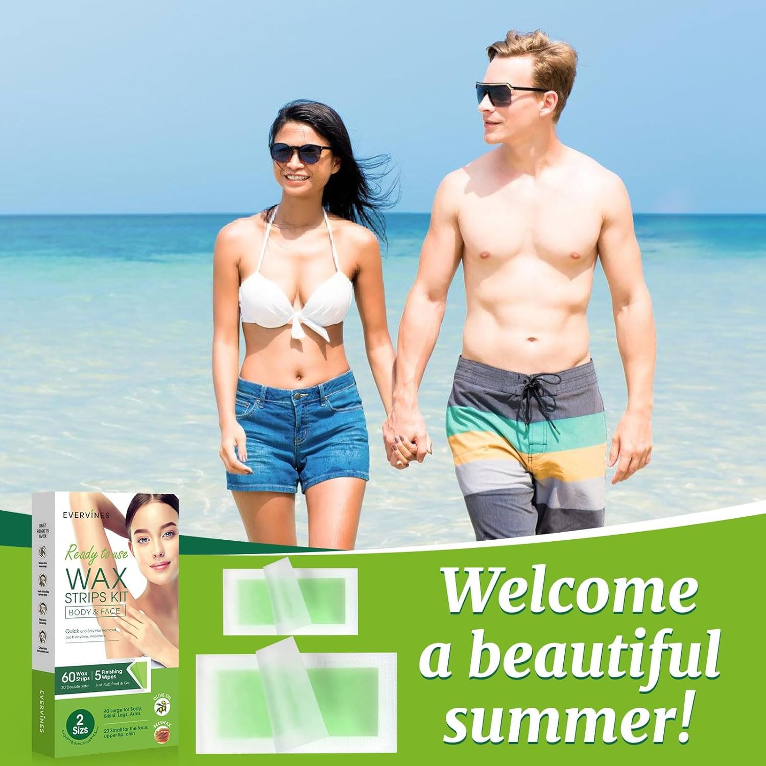 Evervines Body Wax Strips for Hair Removal: 60 Strips (40 Large, 20 Small) & 5 Oil Wipes – Gentle & Fast for Body & Face – Ideal for women& Men Home & Travel