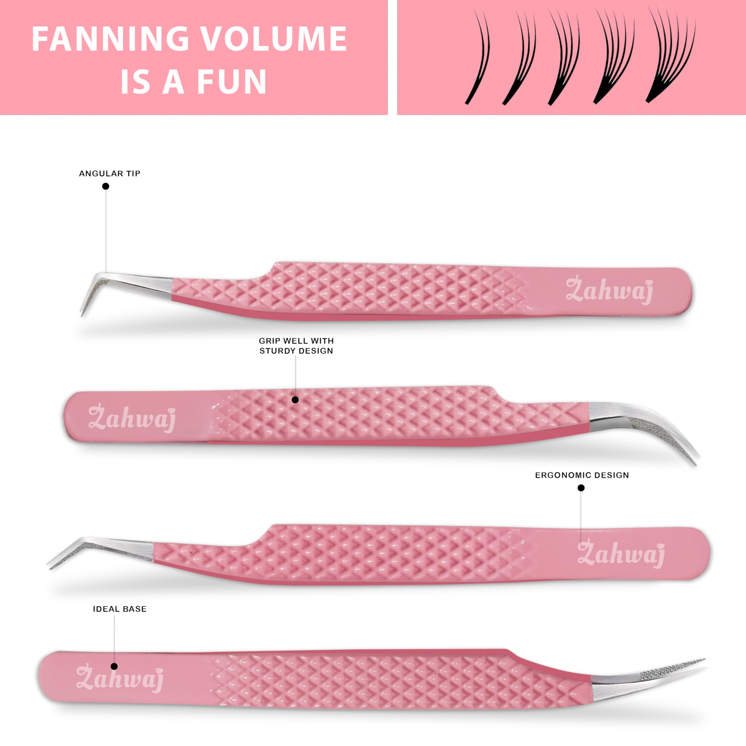 Zahwaj Fiber Tip Lash Tweezers for Eyelash Extensions with Diamond Grip, Set of 4 Precise Tips Japanese Steel for Classic, Volume & Mega Volume Lashes, Ideal for Lash Artists
