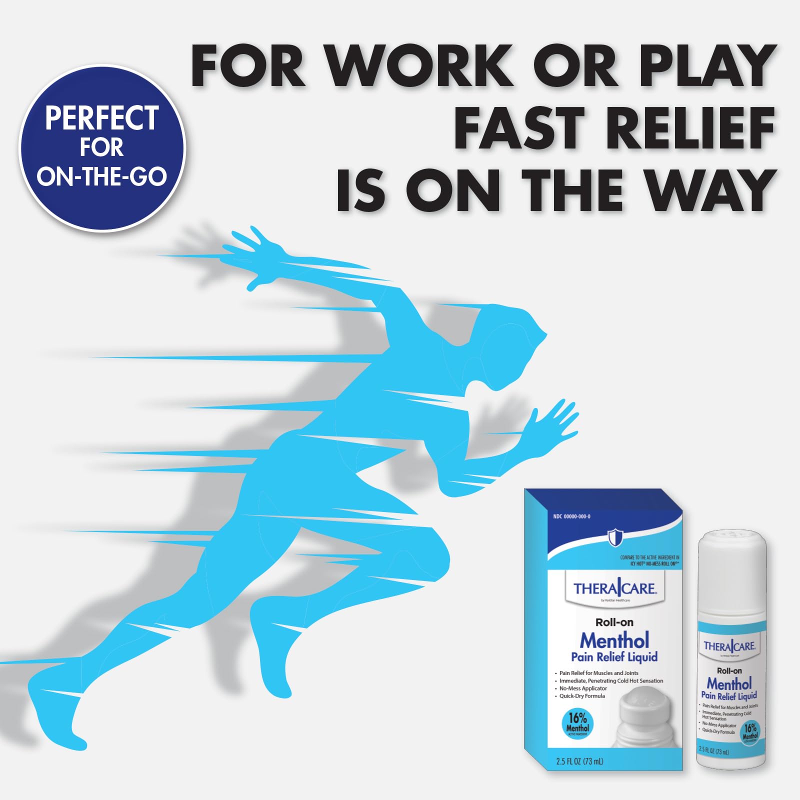 TheraCare 16% Menthol Roll-On | Cold Hot Sensation | Pain Relief Liquid | 2.5 oz. 73 mL | Non-Greasy Formula | Immediate Penetrating Action | Topical Analgesic
