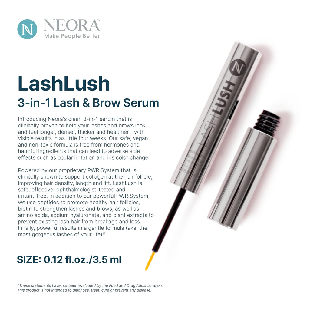 Neora LashLush - 3-in-1 Lash & Brow Serum, Hormone-Free, Strengthens, Volumizes, Reduces Breakage, Peptides + Biotin + Amino Acids - 0.17oz