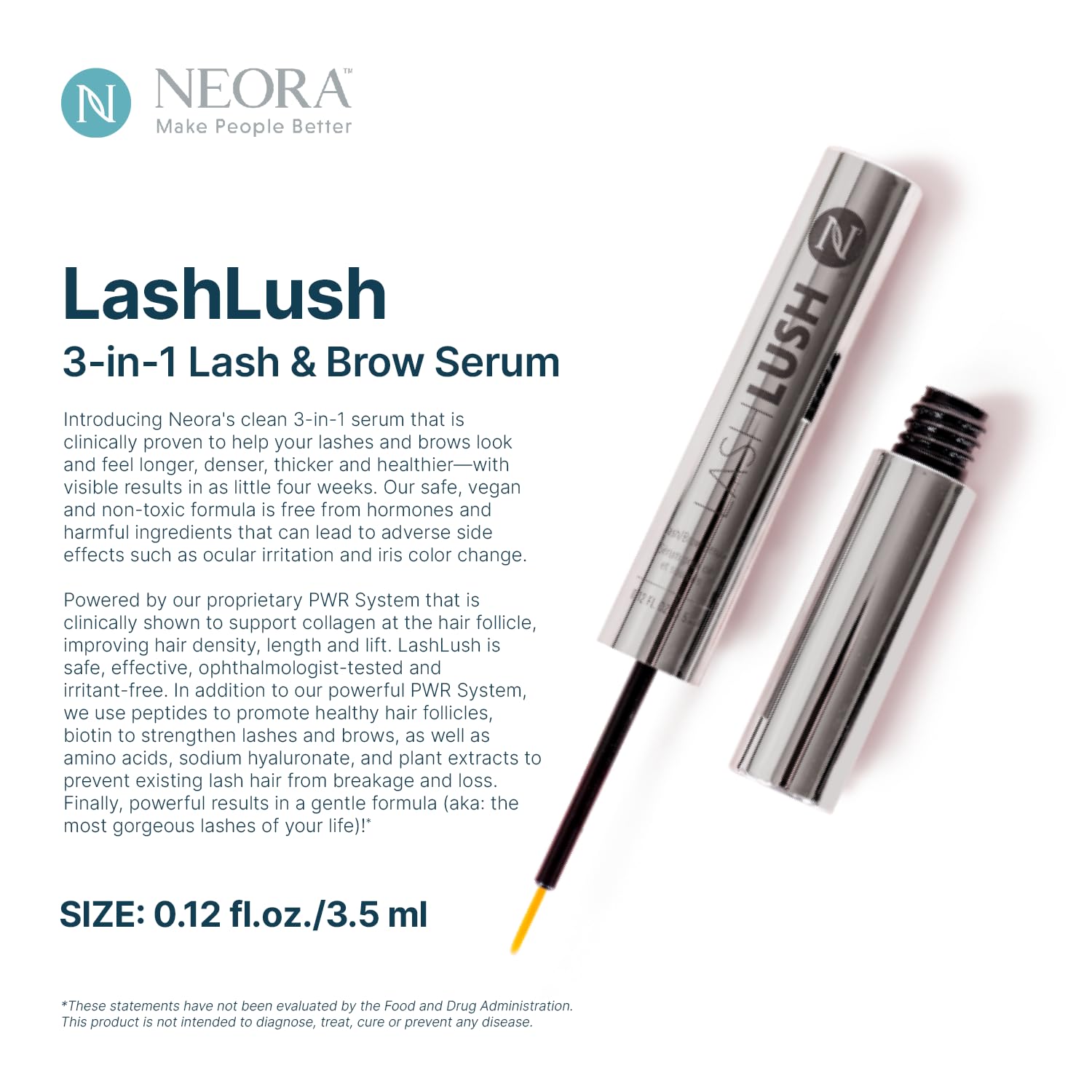 Neora LashLush - 3-in-1 Lash & Brow Serum, Hormone-Free, Strengthens, Volumizes, Reduces Breakage, Peptides + Biotin + Amino Acids - 0.17oz