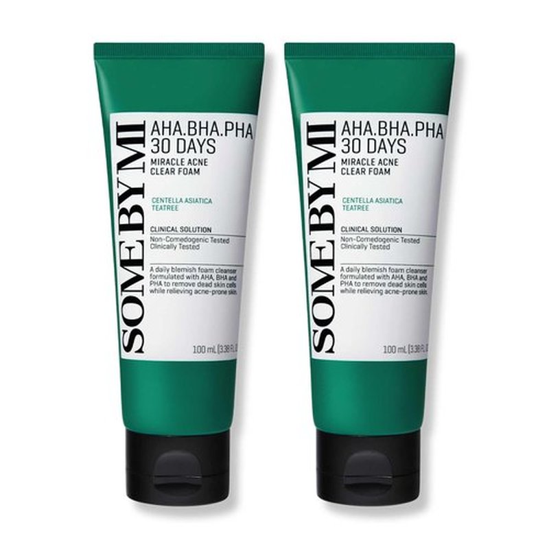 SOME BY MI AHA BHA PHA 30 Days Miracle Acne Clear Foam – Pack of 2 – Korean Acne Face Wash for Smooth & Clear Skin – Salicylic Acid Cleanser for Exfoliation & Sebum Control – Korean Skin Care