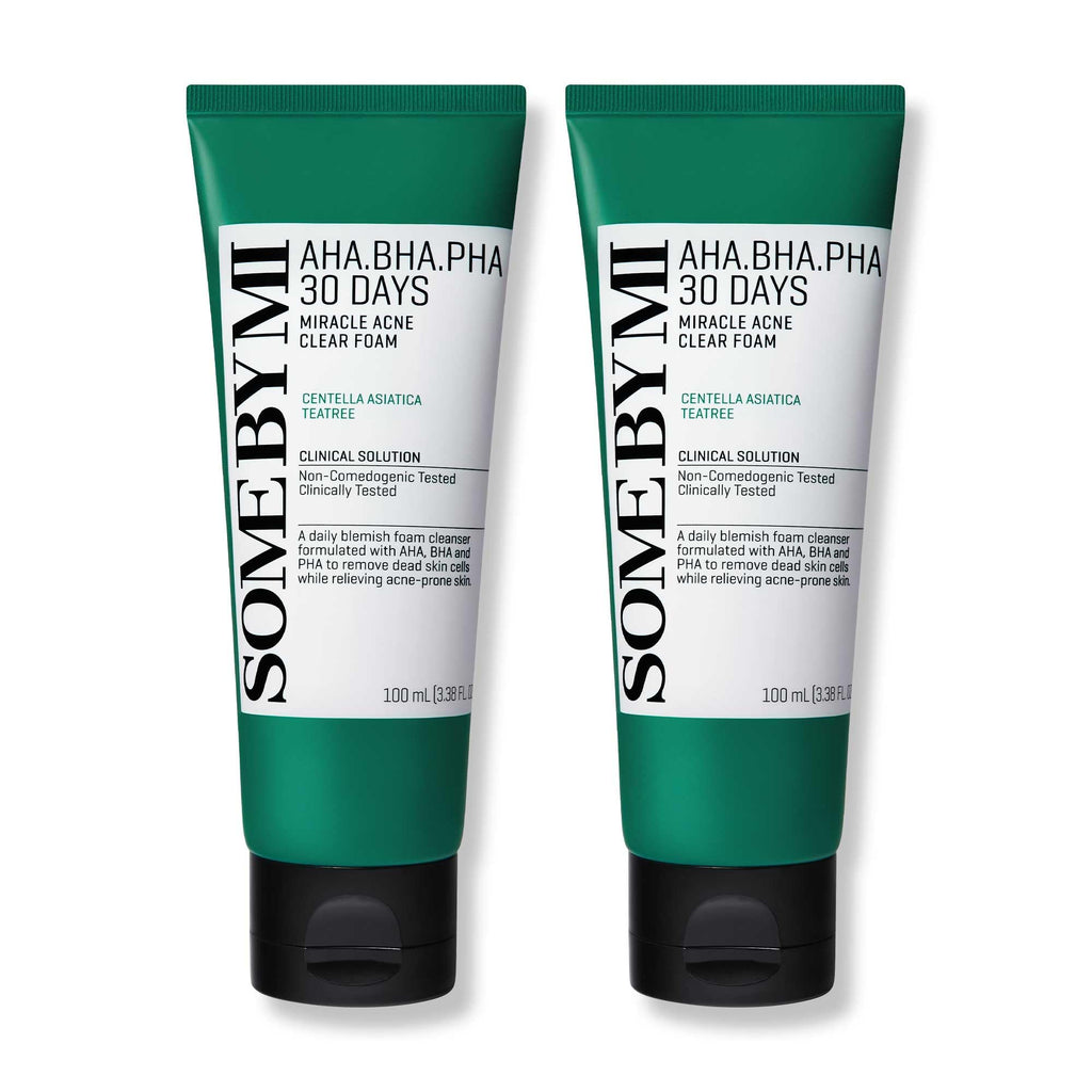 SOME BY MI AHA BHA PHA 30 Days Miracle Acne Clear Foam – Pack of 2 – Korean Acne Face Wash for Smooth & Clear Skin – Salicylic Acid Cleanser for Exfoliation & Sebum Control – Korean Skin Care