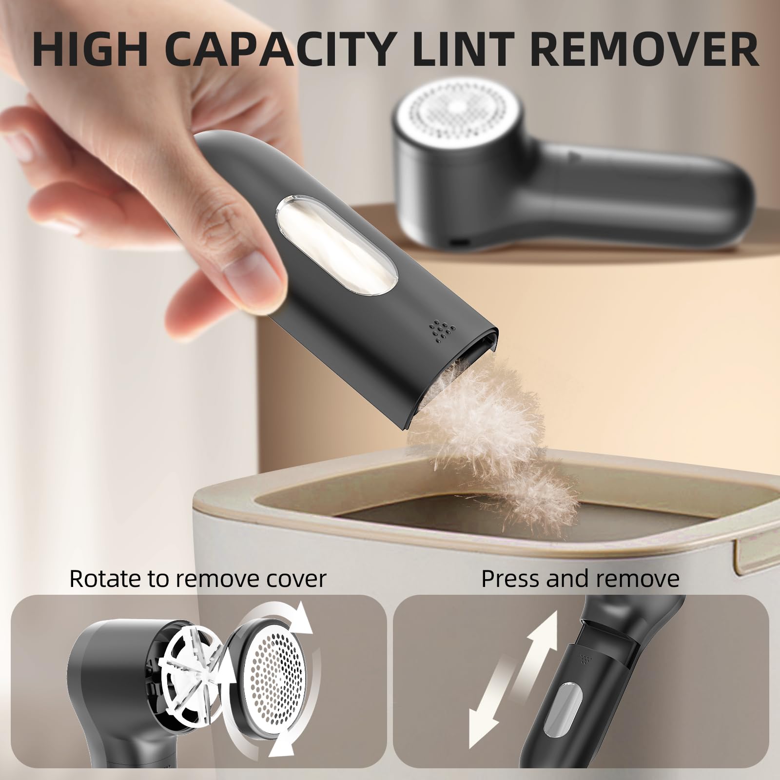 Buywoo Fabric Shaver, Electric Lint Remover, Rechargeable Lint Shaver, Household Essentials for Clothes, Upholstery, Furniture, Sweater Defuzzer to Remove Pilling, Battery Operated, Black