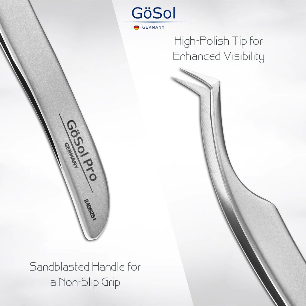 GöSol Pro Lash Tweezers for Eyelash Extensions, Professional Expert Eyelash L-shape Tweezers for High Precision Pick/Fan/Wiggle/Apply; 420 Stainless Steel Lash Tweezer for Volume & Classic Lashes