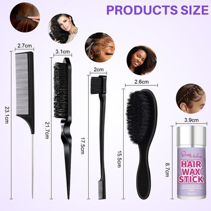START MAKERS Hair Wax Stick and Slick Back Hair Brush Set for Women Kids Men 5PCS, with Edge Brush, Teasing Brush, Rat Tail Comb & Mini Boar Bristle Brushes for Flyaways, Control, Sleek, Ponytail Buns