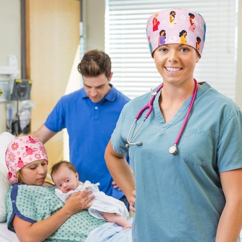 Jamntower 6 Pcs Labor and Delivery Scrub Caps with Sweatband Buttons Nursing Surgical Ponytail Bouffant Cap for Women Footprints Babies in Utero Pattern Adjustable Hat for Long Hair Midwife Obstetrics