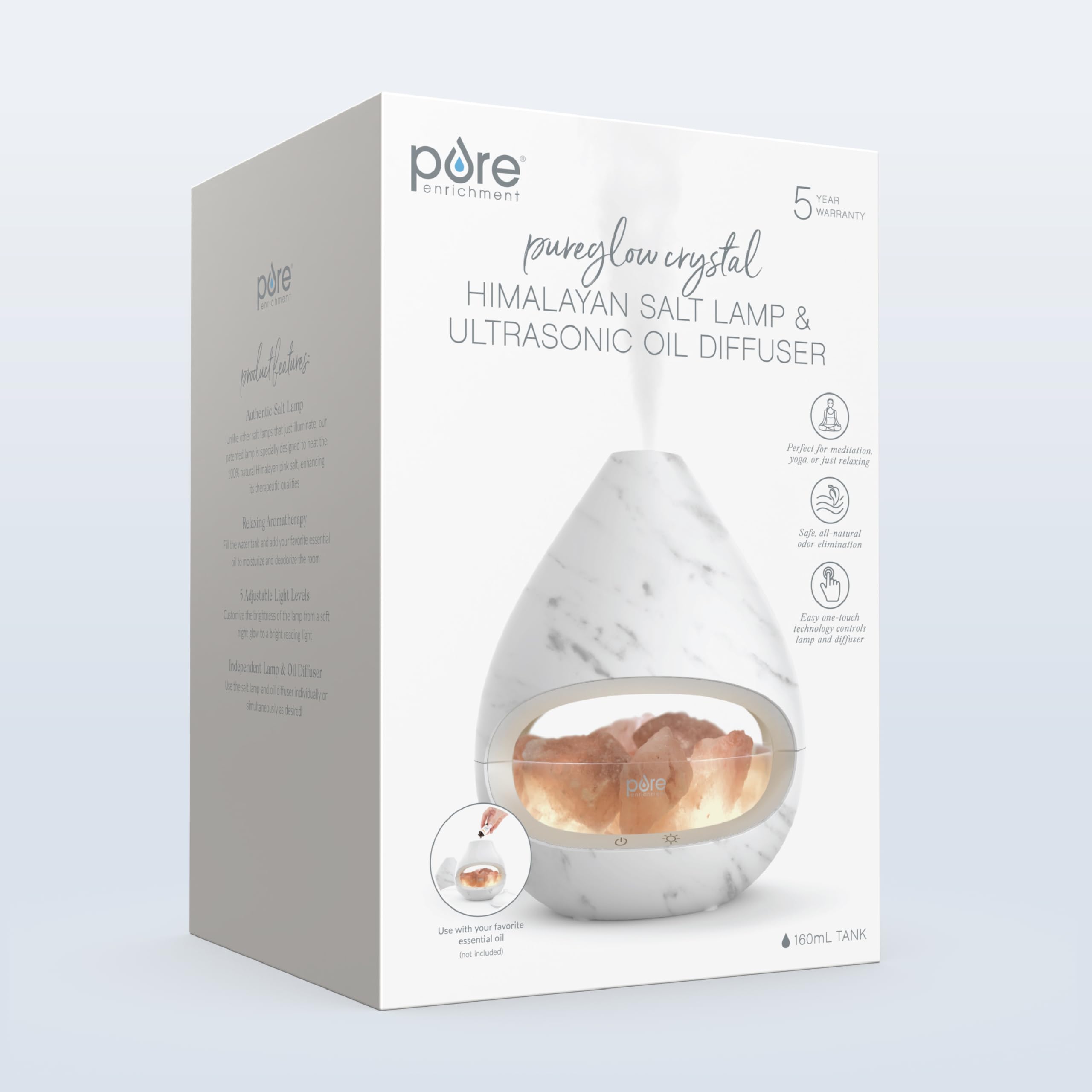 Pure Enrichment® PureGlow™ Crystal - 2-in-1 Himalayan Salt Lamp & Ultrasonic Essential Oil Diffuser, Original Salt Therapy Lamp, 100% Pure Himalayan Salt, Ambient Glow, 160 mL 16-Hour Tank (Marble)