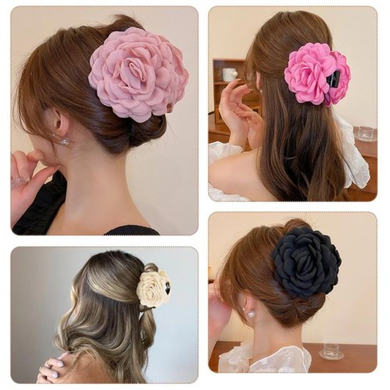 4 PCS Rose Flower Claws Clips Large Hawaiian Rose Hair Clips Floral Hair Clip Roses Hair Claw Hairpin Fabric Silk Hawaiian Flower Hair Pin Non Slip Blooming Flowers Claws Clip for Women Girls