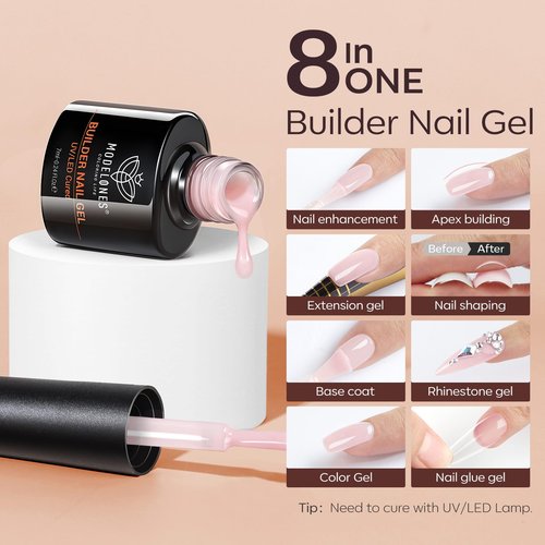 modelones Builder Nail Gel Polish Set, Base Colors Jelly Nude Pink Hard Strengthener Rubber Gel Polish 8-in-One Extension LED Nail Lamp Cured 6 Colors