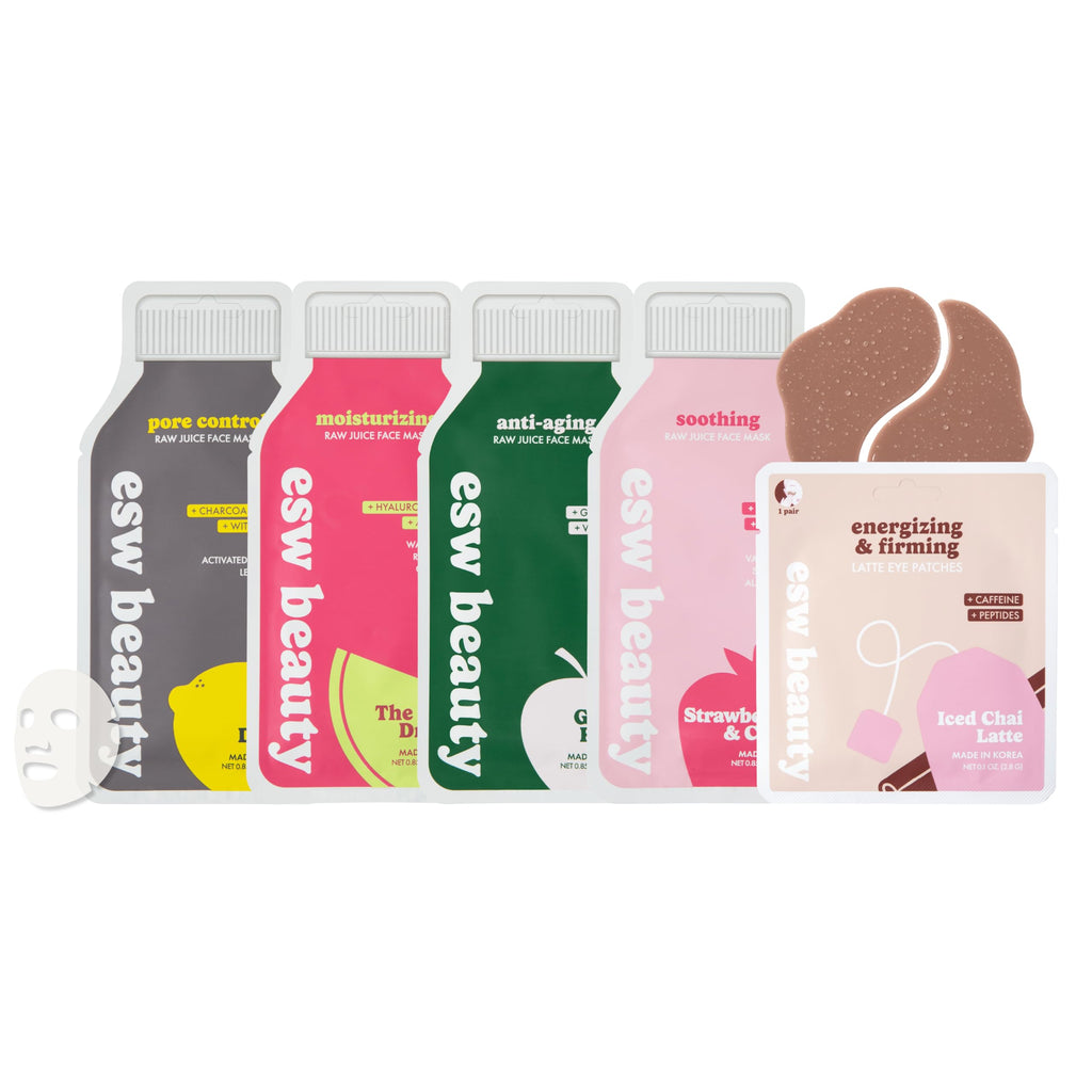 ESW Beauty Most Loved K Beauty Skincare Set - Korean Face Masks & Under Eye Patches - Iced Chai Latte Eye Patches - Strawberries & Cream, Deep Detox, The Pink Dream, & Green Reset Face Masks