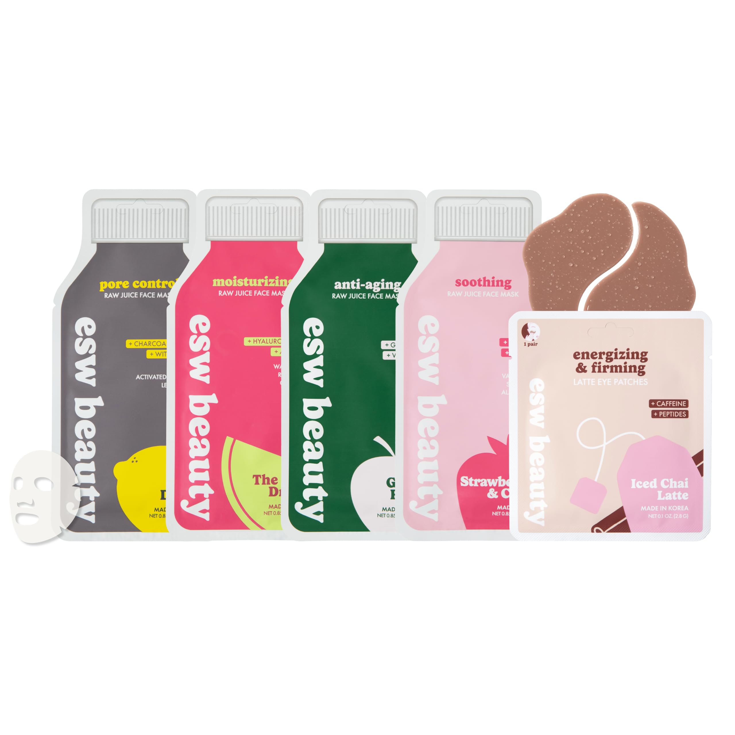 ESW Beauty Most Loved K Beauty Skincare Set - Korean Face Masks & Under Eye Patches - Iced Chai Latte Eye Patches - Strawberries & Cream, Deep Detox, The Pink Dream, & Green Reset Face Masks