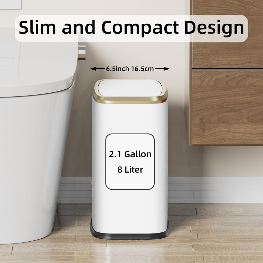 KHMMGK 8L/2.1 Gallon Small Bathroom Trash Can with Lid, Swing-Top Rectangular Waste Bin, Stainless Steel Garbage Can for Home, Office, Toilet, Bedroom, Living-Room (White)