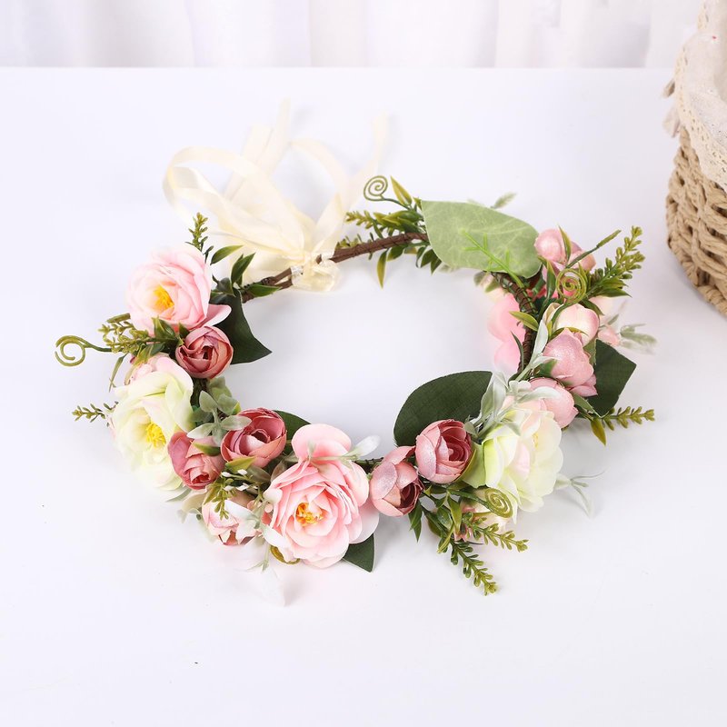 Vivivalue Wedding Flower Crown Flower Garland Headband Hair Wreath Floral Headpiece Halo Boho with Ribbon Party Prom Festival Photos