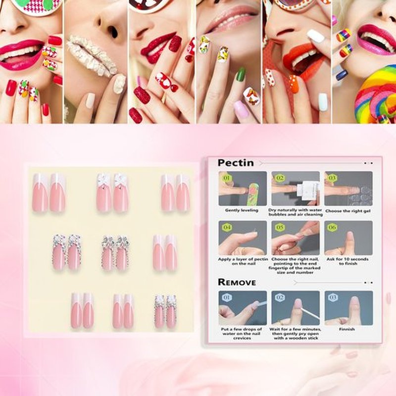 Rchovsam Long Square Press on Nails xxl French Tip Nails Press Ons Butterfly Diamond Bow-tie Design False Nails Full Cover Handmade Acrylic Fake Nails Gift for Women 24pcs