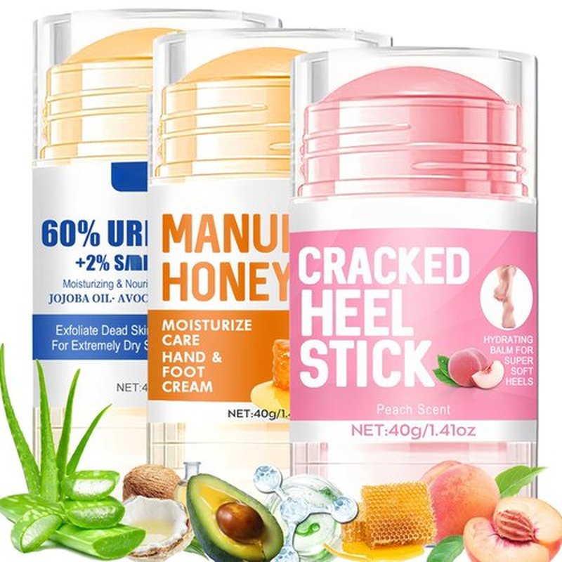 KAHSOSE Urea Heel Balm Stick for Feet and Hands,3Pcs Moisturizing Heel Balm for Dry Cracked Feet, Hydrating Stick for Foot & Hands, For Women & Men, Travel Size(Peach, Urea and Honey)