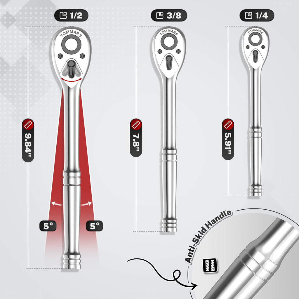TOMMARS Ratchet Set 1/4" 3/8" 1/2" Drive Ratchet Socket Wrench Kit 72-Tooth Quick-Release Reversible, Cr-V Alloy Steel