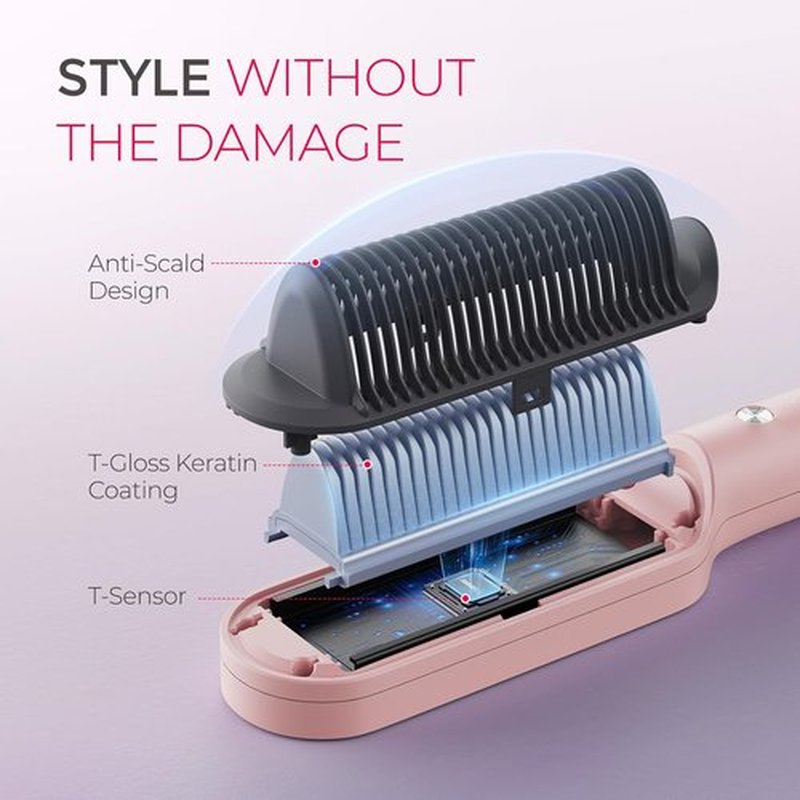 TYMO Ring Hair Straightener Brush - Fast Heating Hair Straightening Iron with Comb, 5 Temp Settings, Sakura Pink