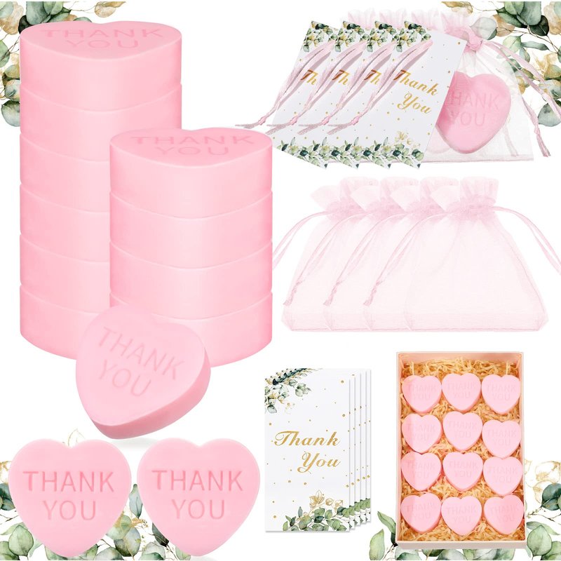 Demissle 60 Sets Scented Heart Soap Favors for Guests Baby Shower Favors Soaps Thank You Gifts with Thank You Tags Drawstring Organza Bag Guests Wedding Party Bridal Shower Gift(Pink)