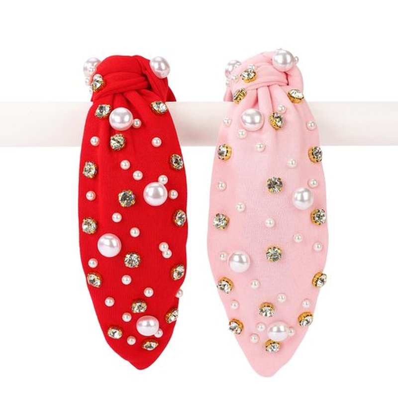 IDDFEVE 2Pcs Valentine's Day Headbands for Women, Heart Love Knotted Hair Hoops, Festive Pearl Hair Accessory Gift (Red&Pink)