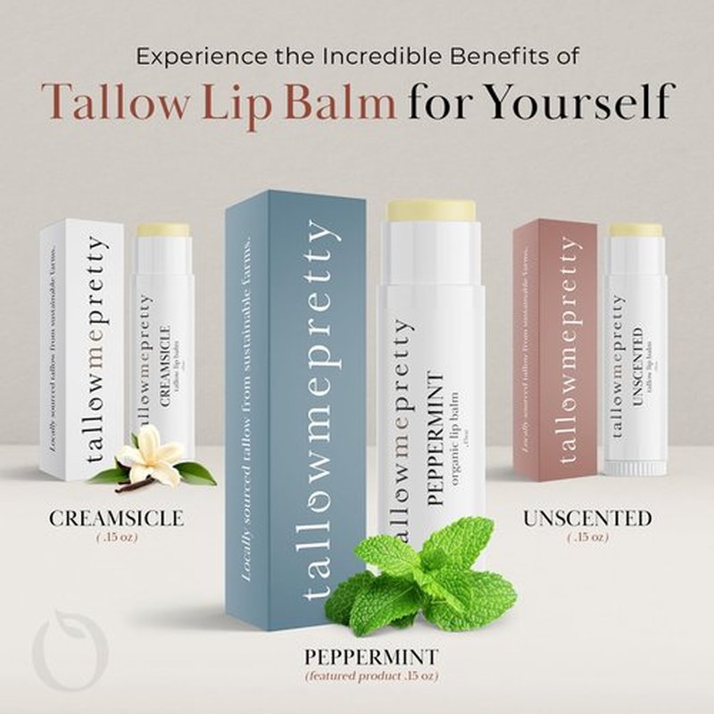 Tallow Me Pretty Peppermint Lip Balm, Ultra-Soothing, Deeply Hydrating Tallow Lip Balm with Grass Fed Beef Tallow, Beeswax, Jojoba Oil & More, Non Toxic Lip Care, Made in the USA, 0.15 Oz.