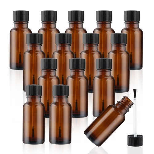 Mirrline 15 Pcs 20ml/0.67oz Nail Polish Bottles Empty Amber Glass Nail Art Bottles Refillable Nail Oil Containers with Brush Cap for DIY Nail Art Cosmetic Samples, Brown