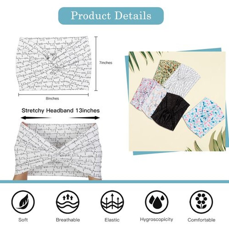 Tobeffect Extra Wide Turban Headbands for Women, 7'' Large Wide Headband for Nursing Cute Printed Nurse Head Bands Twisted Knotted Hairbands Non Slip Cloth Headbands for Women Hair Accessories 6 Pack