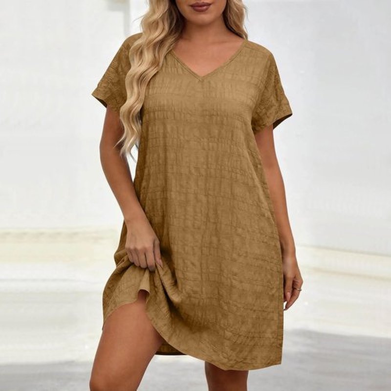 Skiennix Women’s Plus Size Casual V-Neck Short Sleeve Dress - Loose Fashion for Beach Vacations