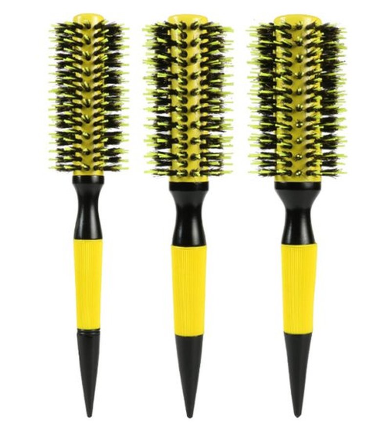 Healthcom 3 in 1 Ceramic & Ionic Bristle Round Barrel Hair Brush Set for Women & Men - Professional Styling, Blow Drying, Curling with Boar Bristle Brush & Scalp Comb (Yellow)
