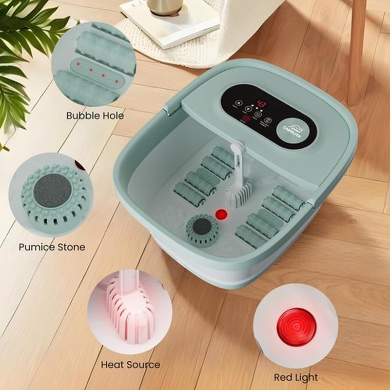 Snailax Collapsible Foot Spa with Heat, Foot Bath Massager with 8 Massage Rollers, Temperature Control, Bubbles, Pumice Stone, Foot Soaking Tub, Pedicure Foot Spa (Green)