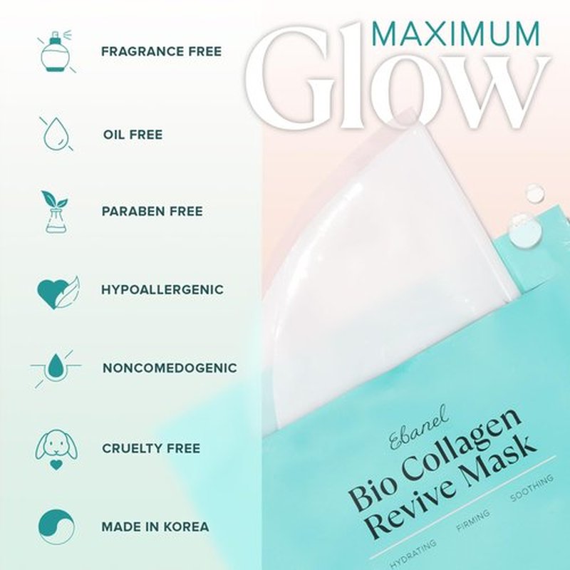 Ebanel Bio Collagen Face Mask, 4-Pack Hydrating Face Masks with 7 Peptides, Hyaluronic Acid, Niacinamide, Centella, Rose Water, Ceramide, and B5, Glass Skin Tightening and Lifting Korean Sheet Masks