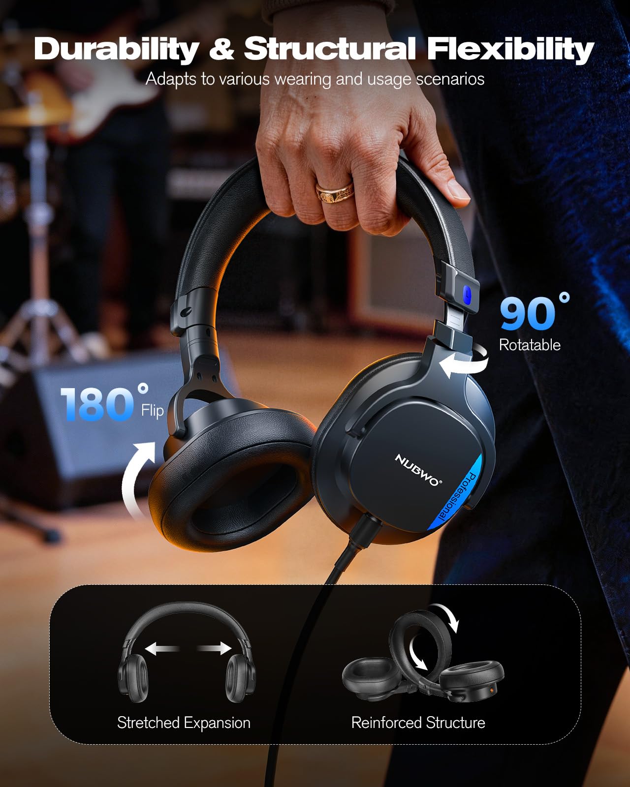 NUBWO HD01 Studio Monitor Headphones, Hi-Res Wired Over Ear Headphones with 1/4 inch to 3.5mm Adapter, Lightweight Closed Back DJ Headphones for Piano Guitar AMP Recording Mixer Amplifier